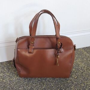 Fossil Rachel Leather Brown Satchel Handbag with Key Charm
